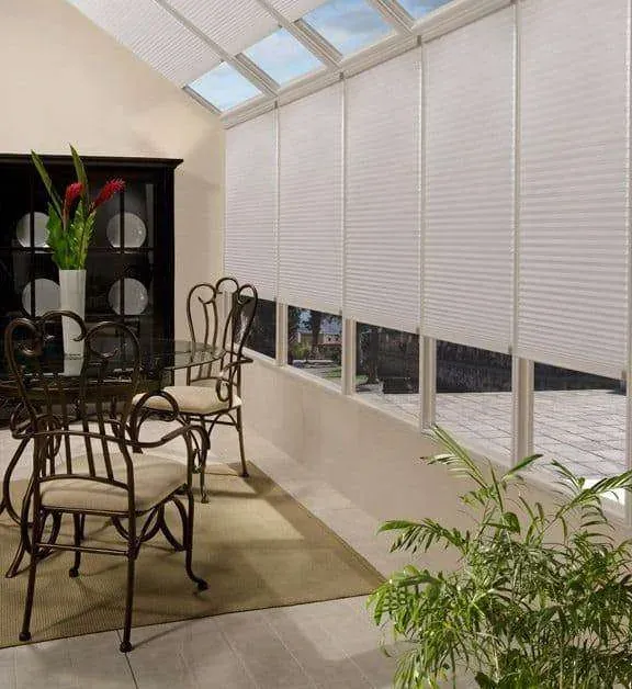 Maxxmar cellular shades on an indoor patio